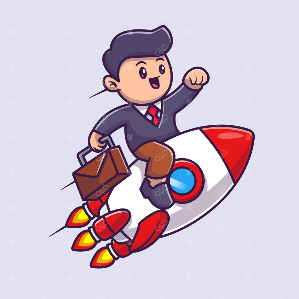 مرد کسب‌وکار ناز در حال سواری با موشک و کیف‌دستی - تصویر کارتونی وکتوری. فناوری و مردم