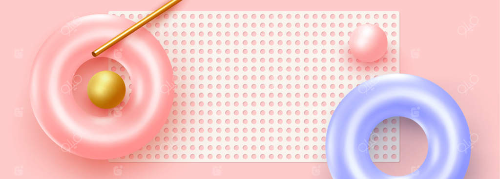 زمینه مینیمالیستی خلاقانه: ترکیبی با اشیاء سه‌بعدی واقعی و اشکال هندسی ـــ بنر مدرن وب. رنگ‌های ملایم صورتی و مرجانی. تصویر برداری وکتور