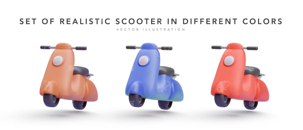 مجموعه‌ای از اسکوترهای واقعی به صورت ایزوله بر روی پس‌زمینه سفید - تصویر وکتور