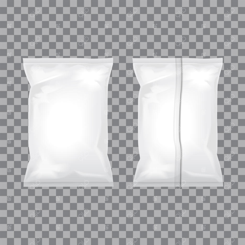 مجموعه بسته‌بندی کیسه‌های شفاف و سفید برای غذا، تنقلات، قهوه، کاکائو، شیرینی، کراکر، آجیل و چیپس. قالب بسته‌بندی پلاستیکی