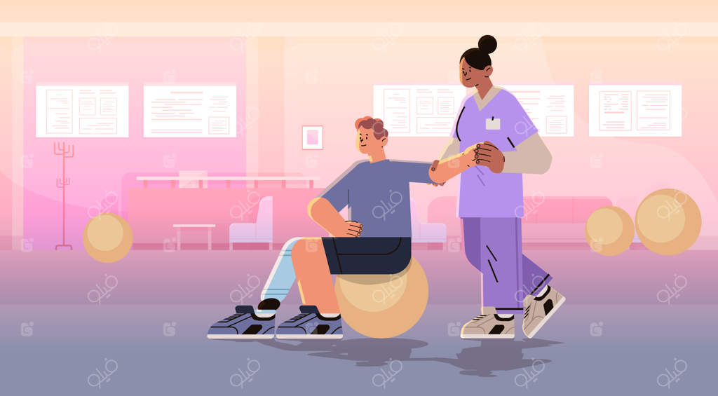 پزشک به بیمار پس از جراحت یا عمل جراحی کمک می‌کند: توانبخشی مردی با پای رباتیک تعویض شده