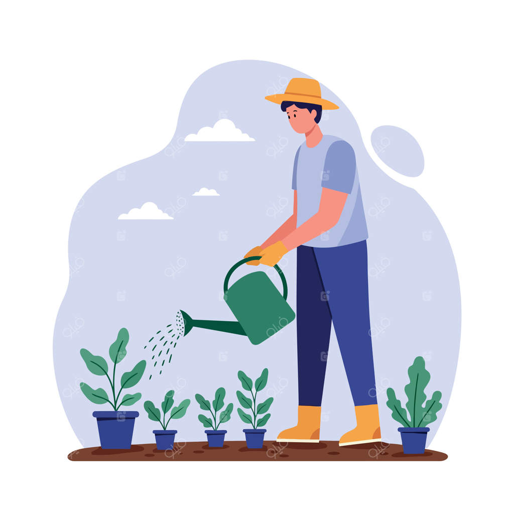 آبیاری گیاهان گلدانی در باغ با آب‌پاش سبز: نمایی از رشد و مراقبت در فضایی آرامش‌بخش