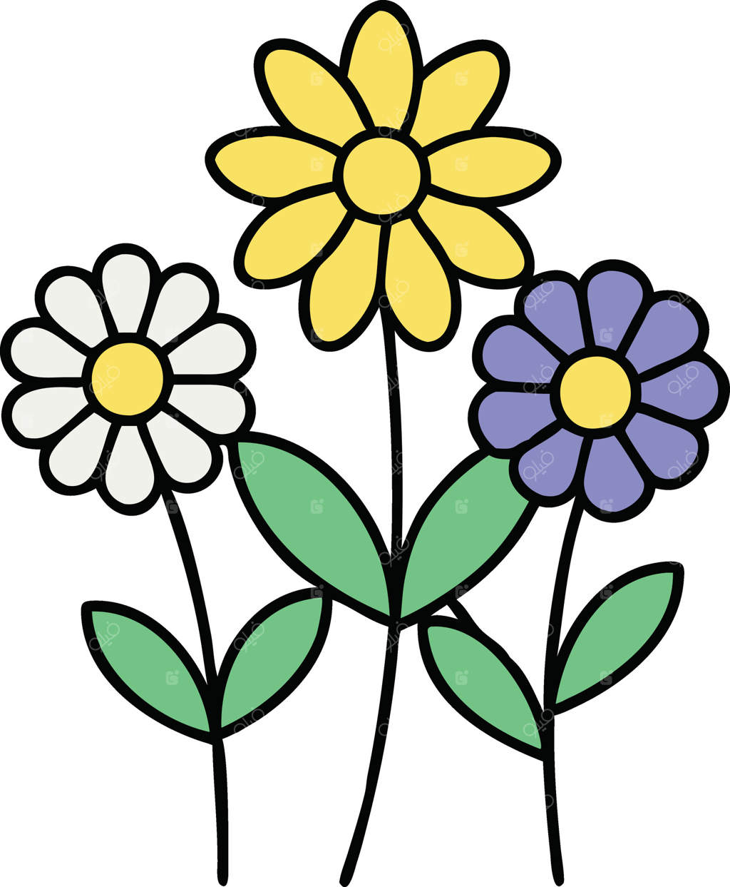 سه گل شکوفا: گلهای زرد، سفید و بنفش در باغ بهاری