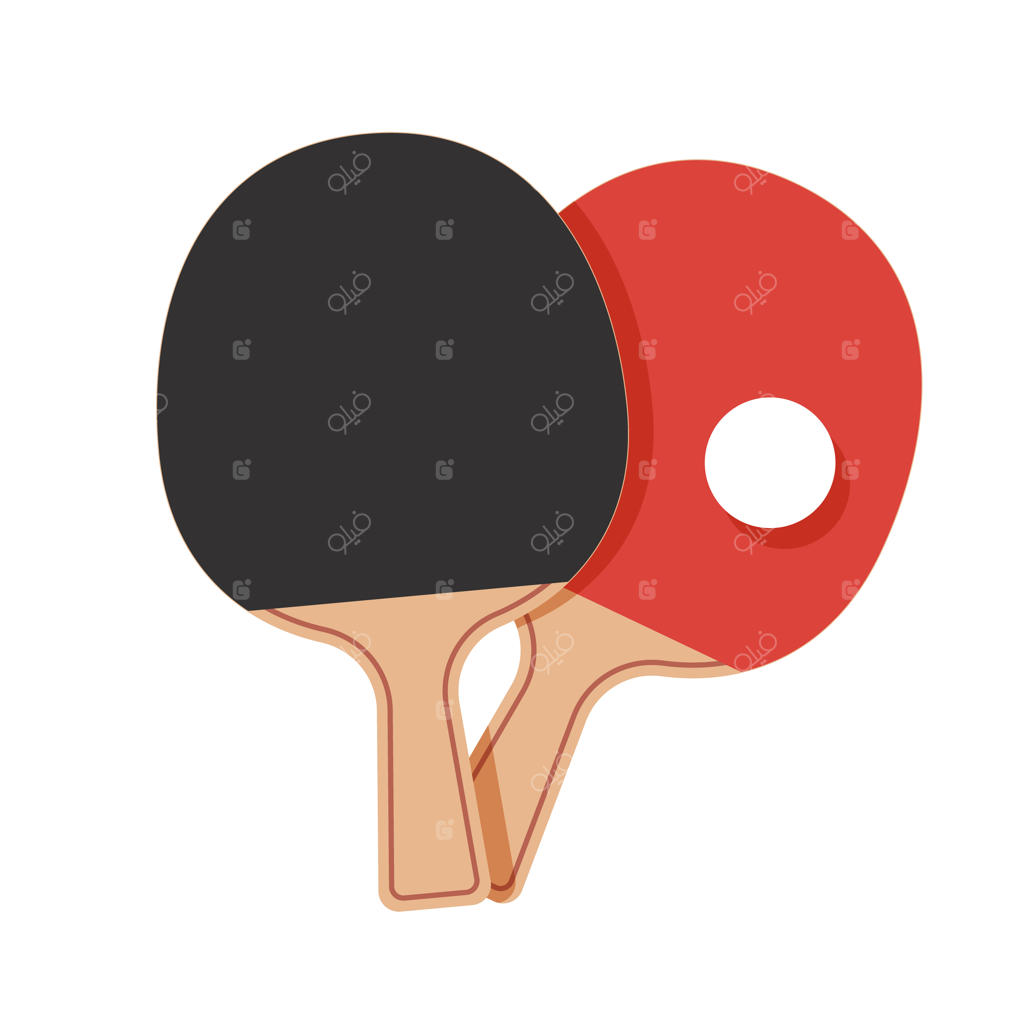 راکت‌های پینگ پنگ و تنیس روی میز مشکی و قرمز، تجهیزات و آیکون ورزشی