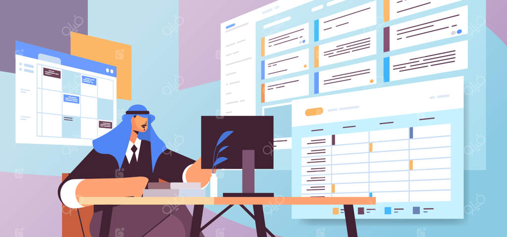 تاجر عرب در محل کار در حال برنامه‌ریزی روزانه و تنظیم قرار ملاقات در اپلیکیشن تقویم آنلاین - برنامه‌ریزی جلسه و مدیریت زمان - تصویر پرتره افقی وکتور