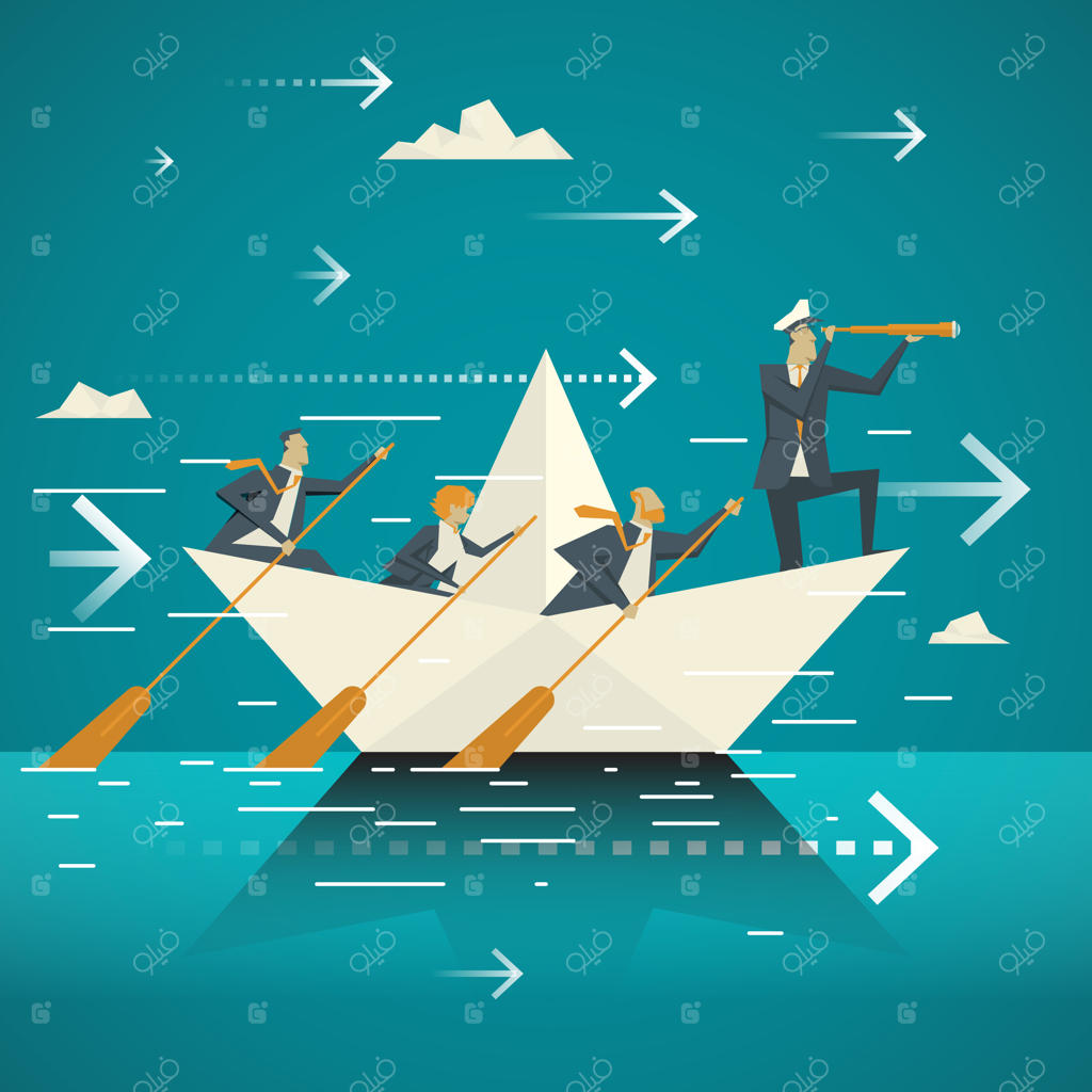 مفهوم کسب‌وکار: تیم کاری با همکاری در حال پارو زدن قایق در اقیانوس تحت نظارت وزارت ارشد دولتی.