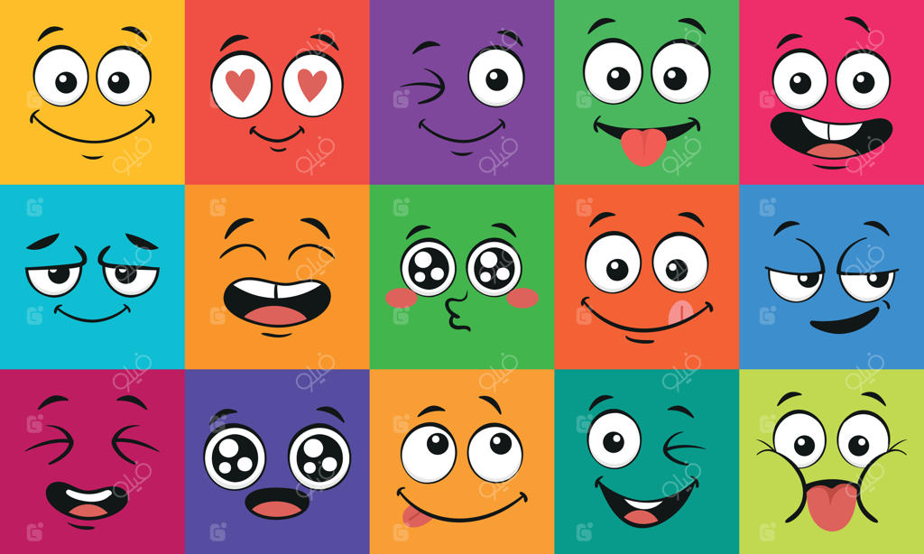 حالت‌های چهره کارتونی: چهره‌های شاد و متعجب، مجموعه وکتور شخصیت‌های ساده با دهان و چشم‌ها