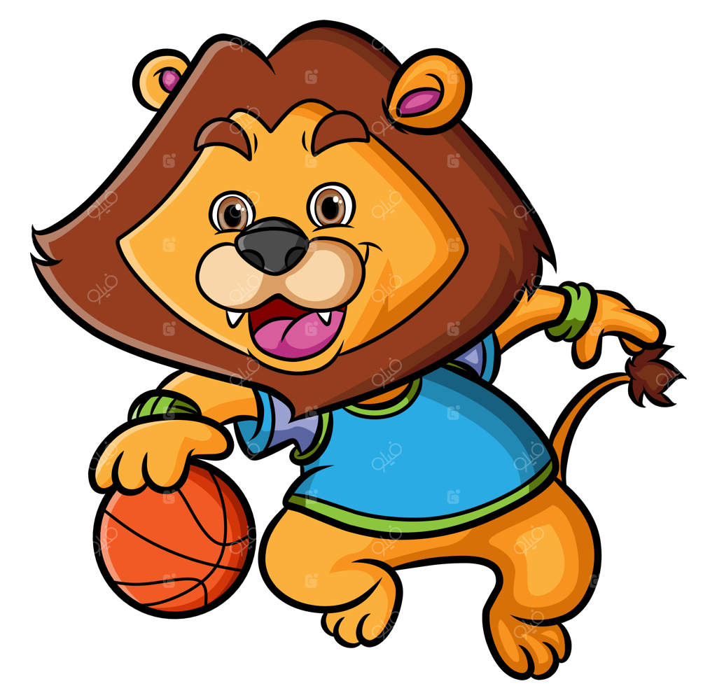 شیر خوشحال بسکتبال بازی می‌کند و توپ را دریبل می‌زند