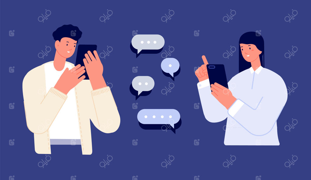 دوستانی که از طریق موبایل صحبت می‌کنند: دو نوجوان در حال چت آنلاین و تبادل اخبار