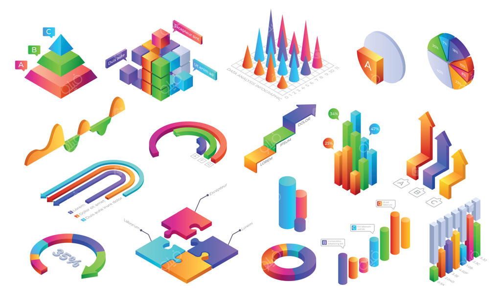 عناصر اینفوگرافیک سه‌بعدی: نمودارهای ایزومتریک و نوارهای پیشرفت با آیکون‌های افراد برای طراحی ارائه‌های تجاری و تحلیل‌های مالی. مجموعه وکتور