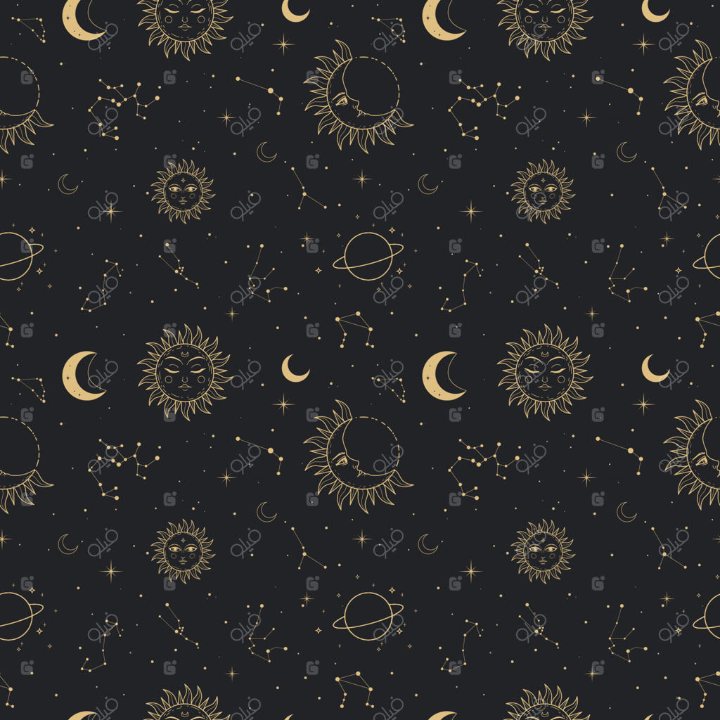 پترن یکپارچه با نمادهای ستاره‌ای طلایی آسمانی
