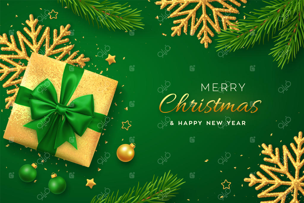 بنر کریسمس: جعبه هدیه طلایی واقعی با پاپیون سبز، دانه برف درخشان، ستاره‌های طلایی، شاخه‌های کاج، کاغذ رنگی و توپک‌ها. پس‌زمینه کریسمس، پوستر افقی، کارت تبریک و سربرگ سایت. وکتور.