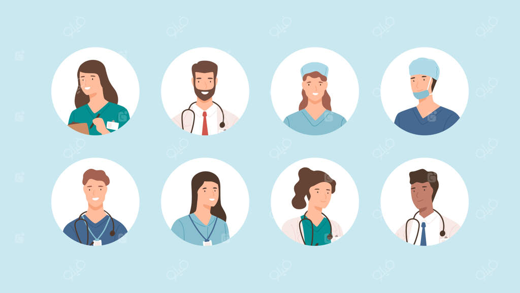 آواتار کارکنان پزشکی با لبخند. مجموعه‌ای از آیکون‌های بیمارستان شامل جراحان، پرستاران و دیگر متخصصان پزشکی. چهره‌های مختلف دکتر کارتونی در لباس فرم. شغل‌های مرتبط با سلامت و مراقبت افراد
