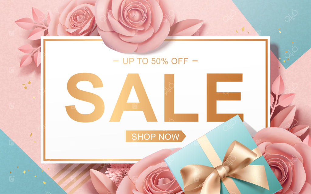 بنر فروش ویژه روز ولنتاین با گل‌های کاغذی و جعبه‌های هدیه به سبک سه‌بعدی