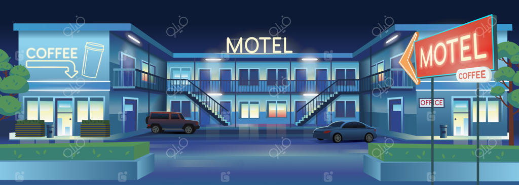 تصویر کارتونی وکتور از مسافرخانه شبانه با ماشین‌ها و بار قهوه‌خانه.