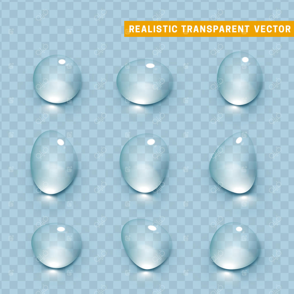 مجموعه طراحی قطره‌های آب واقعی و جدا شده؛ قطره‌های شفاف آب مایع و تصویرسازی وکتور قطره‌های باران زلال