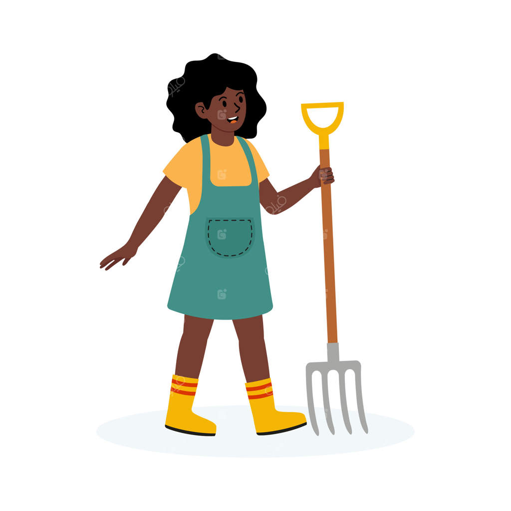 دختری با چنگک باغبانی در حال قدم زدن در باغ در یک روز آفتابی