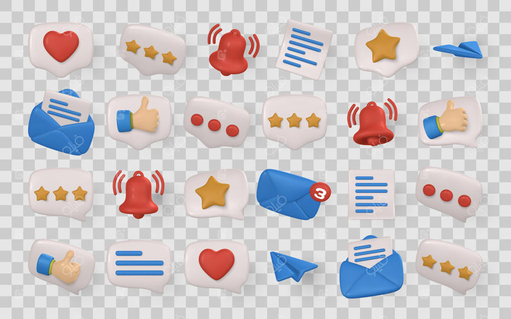 بسته آیکون‌های سه‌بعدی چت و پیام: حباب‌های گفتار با قلب، ستاره‌ها، زنگ اعلان، ایمیل، هواپیمای کاغذی و لایک. مناسب برای طراحی رابط کاربری و شبکه‌های اجتماعی. تصویرسازی