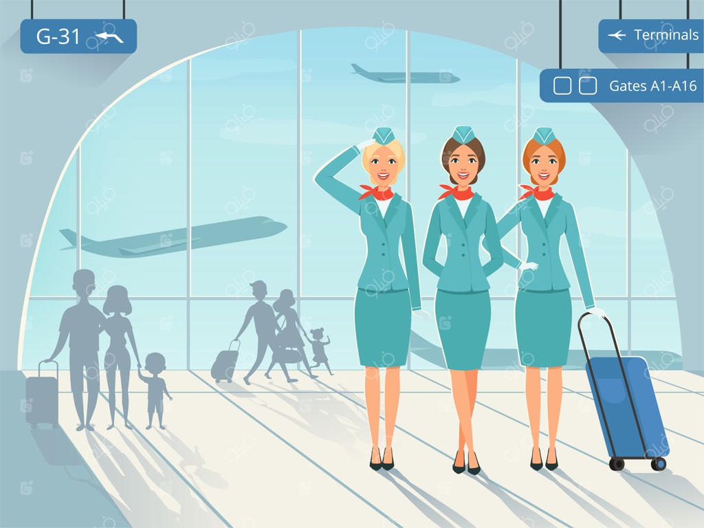 ترمینال فرودگاه با حضور مهمانداران هواپیما