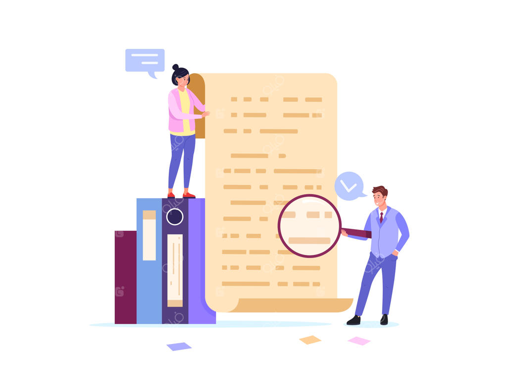 مدیر به همراه حسابدار حرفه‌ای، قرارداد و اسناد مالی را برای یافتن اشتباهات قانونی یا تقلب بررسی می‌کنند - تصویرسازی وکتور از محیط اداری.