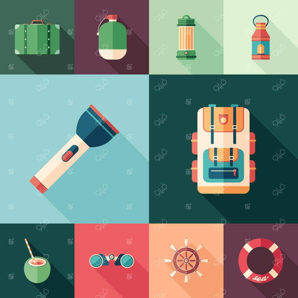 مجموعه آیکون‌های مربع تخت با سایه‌های بلند برای گردشگری.