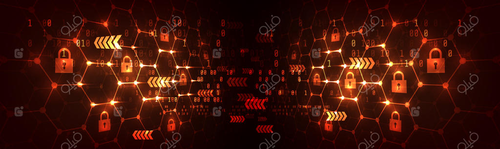 پس‌زمینه شش‌ضلعی با نماد قفل: مفهوم امنیت و شبکه بلاکچین