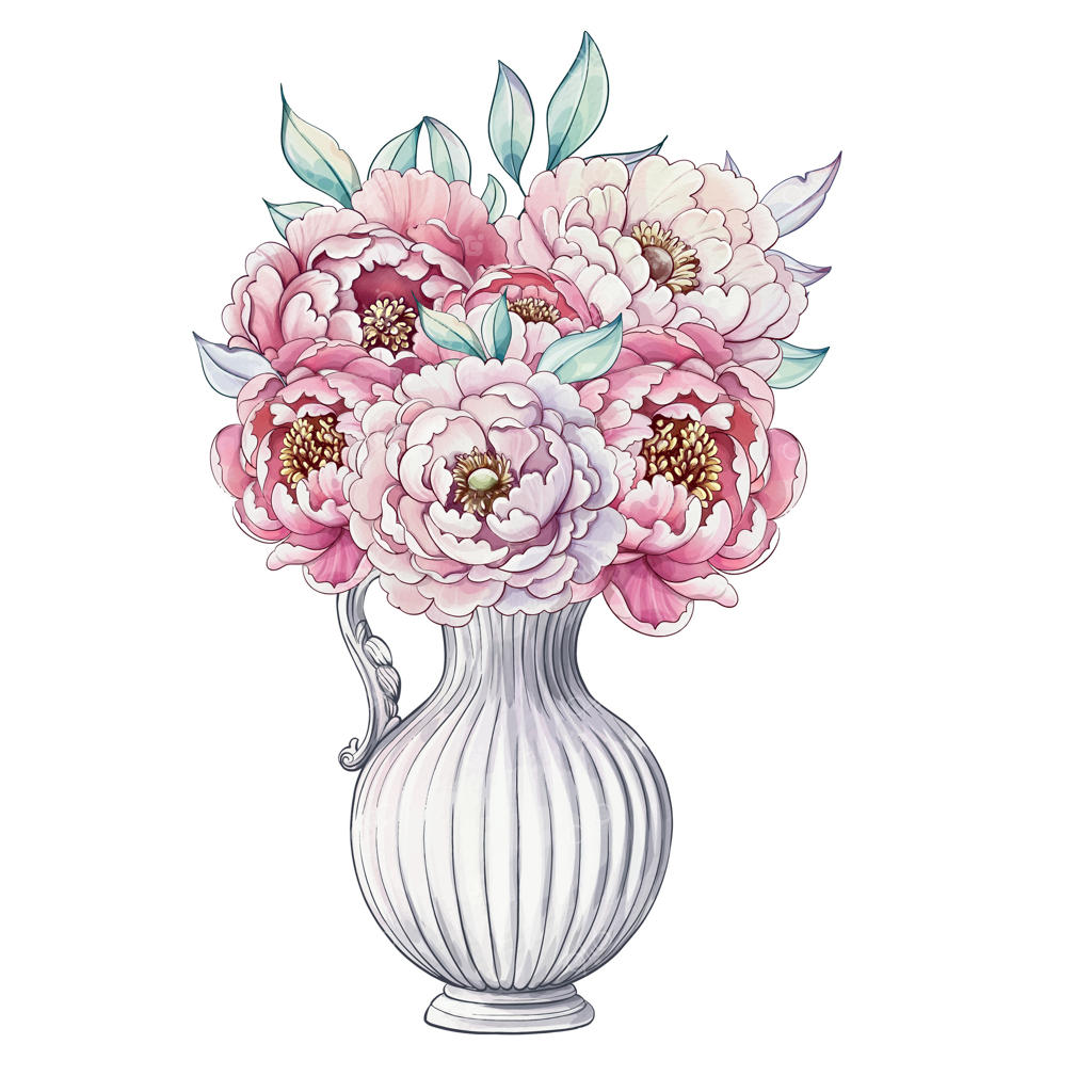 گل صد تومانی صورتی ملایم با ظرافتی خاص در گلدانی برازنده، جلوه‌ای از زیبایی بهار با هنر آبرنگی لطیف.