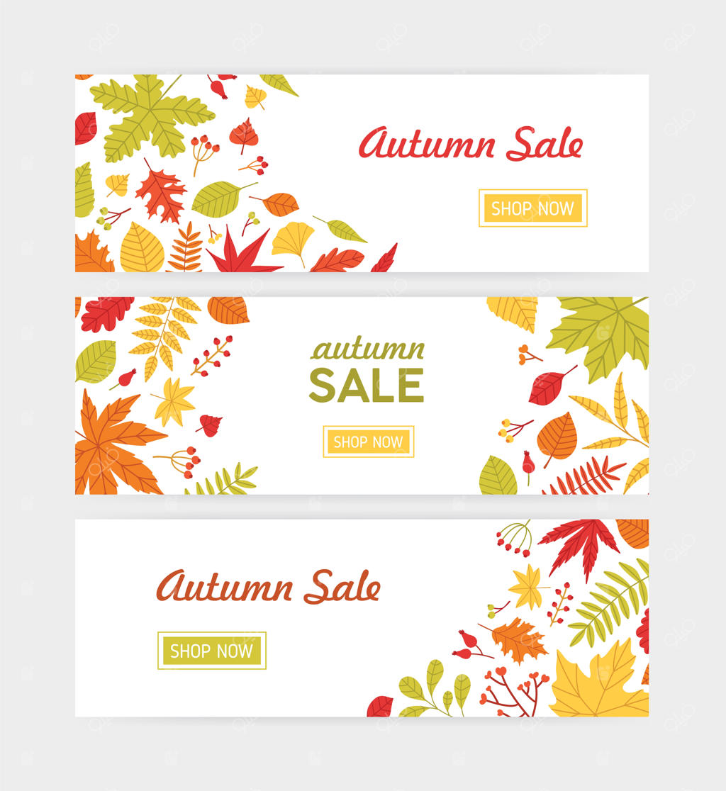 مجموعه‌ای از قالب‌های بنر وب پاییزی افقی با برگ‌های ریخته و شاخه‌های میوه دار