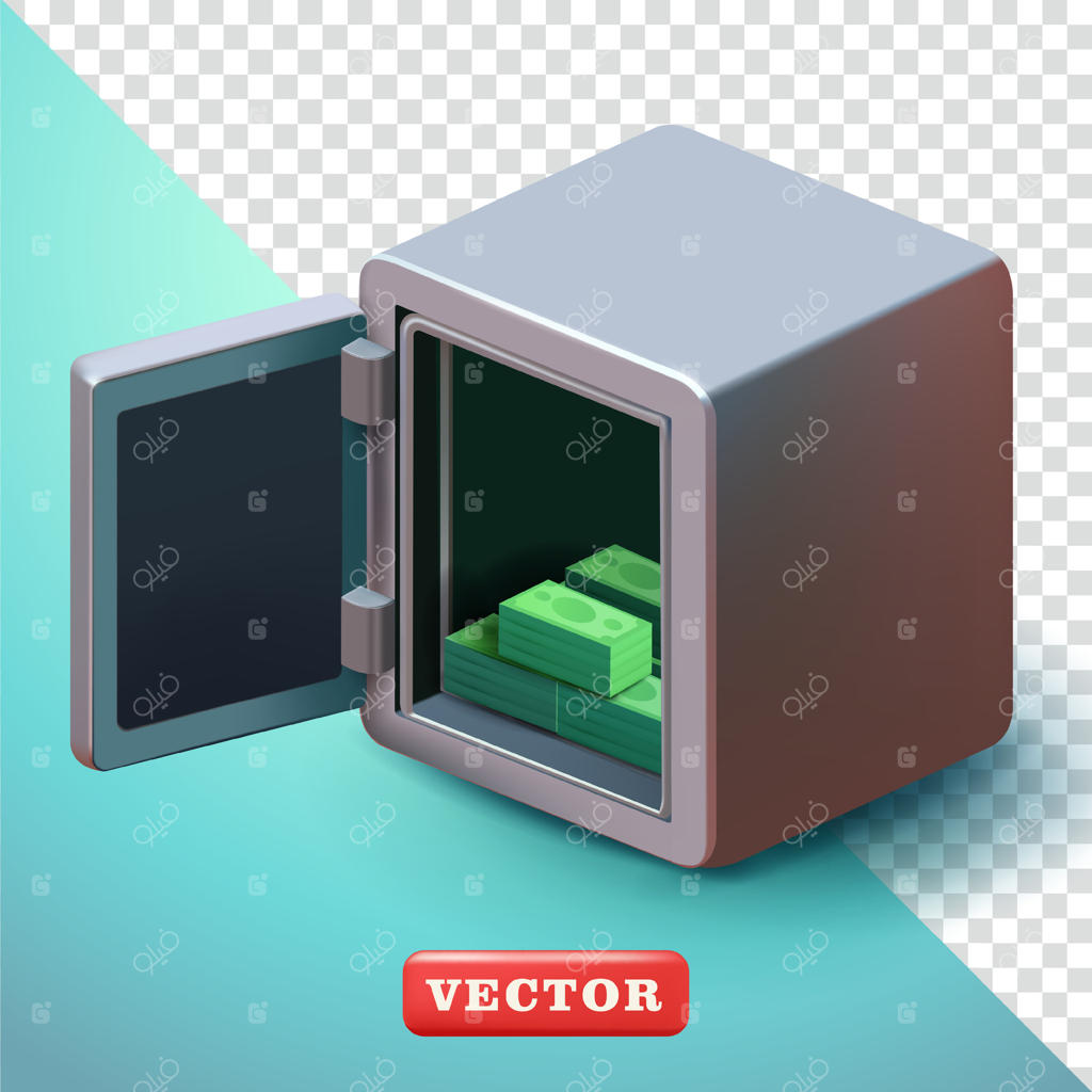 گاوصندوق باز با پول، سه‌بعدی. مناسب برای کسب‌وکار، امور مالی و عناصر طراحی