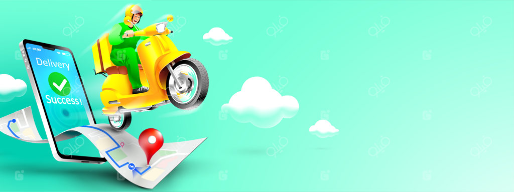 تحویل سریع بسته با پیک موتوری روی موبایل، سفارش اینترنتی با اپلیکیشن، رهگیری پیک با اپلیکیشن نقشه، کانسپت سه‌بعدی، تصویرسازی وکتور.
