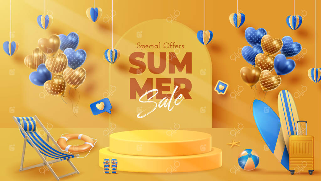 پس‌زمینه دکوراسیون سکو نمایش تابستانی با تزئینات ساحلی - تصویرسازی وکتور سه‌بعدی