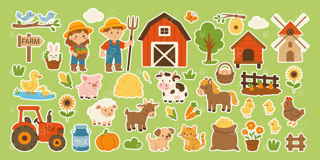 صحنه‌ای از مزرعه با تابلویی که در پس‌زمینه نوشته شده «مزرعه». چند حیوان مزرعه از جمله یک گاو، یک اسب و یک مرغ نیز حضور دارند. یک تراکتور هم در صحنه دیده می‌شود.