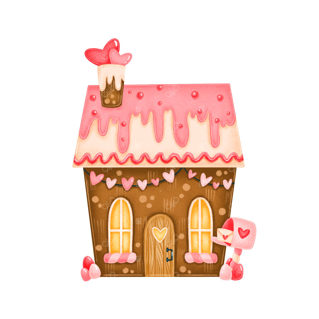 تصویر خانه آبنباتی زنجبیلی بامزه برای روز ولنتاین، به صورت جداگانه