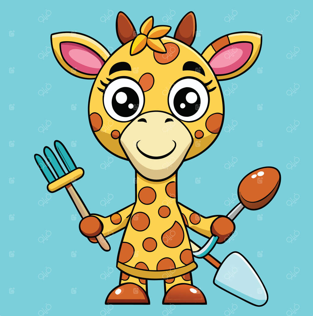 تصویر کارتونی بامزه زرافه باغبان با ابزار باغبانی روی زمینه آبی