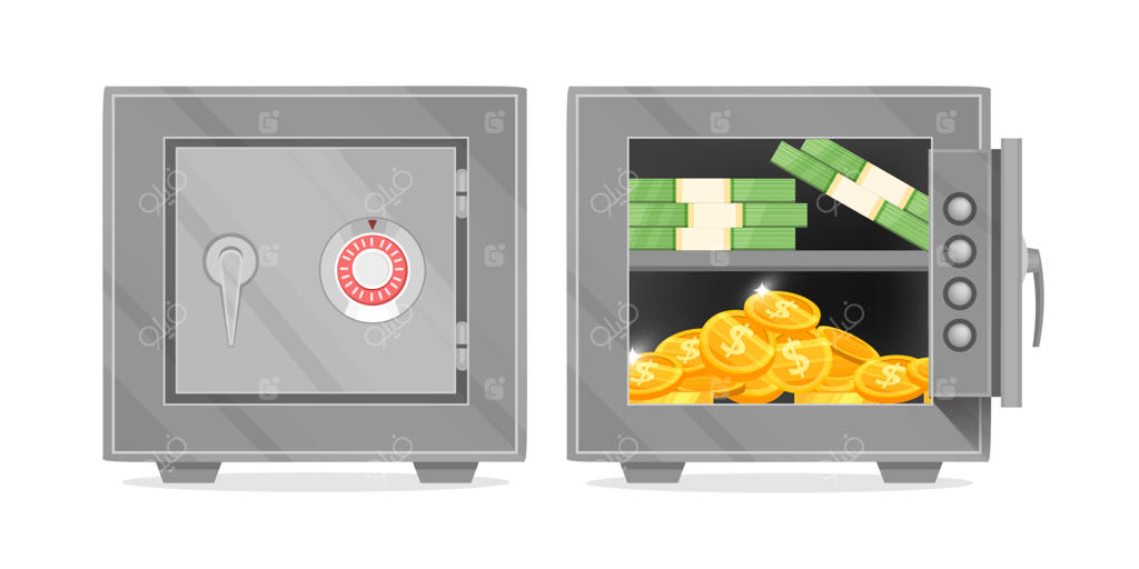 تصویر گاوصندوق با درهای باز و بسته به همراه دلارها و سکه‌های طلا بر روی زمینه سفید.