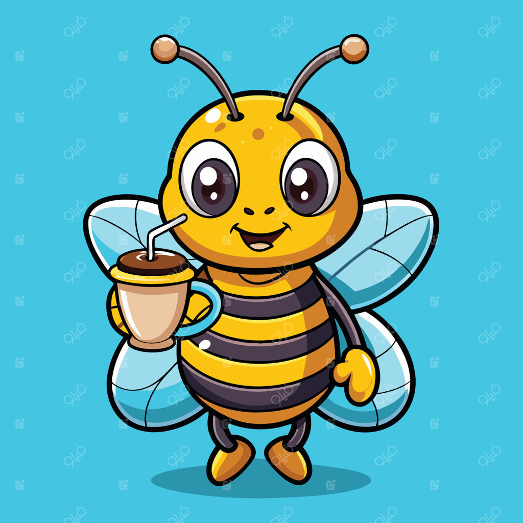 زنبور عسلی بامزه در حال نوشیدن قهوه به سبک کارتونی