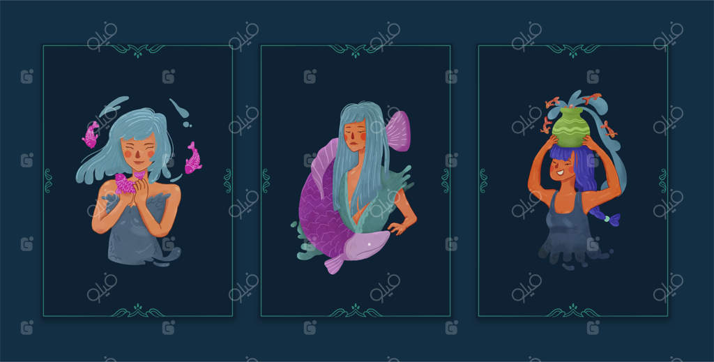 مجموعه کارت دختر ماهی دستی با آبرنگ