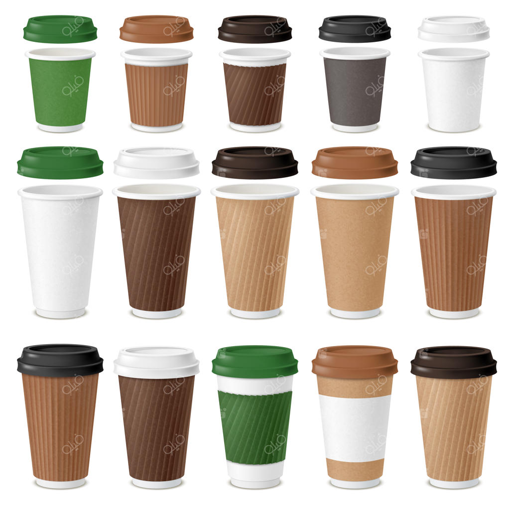 مجموعه‌ای از لیوان‌های یکبار مصرف قهوه واقع‌گرایانه