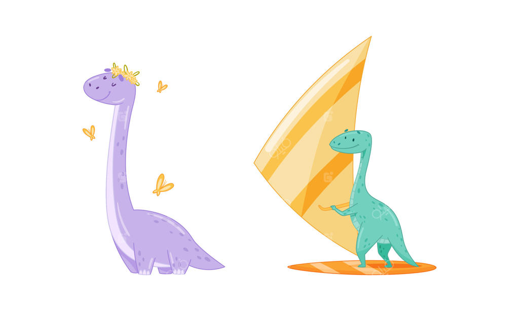 ست فعالیت‌ دایناسورهای کوچولوی بامزه: پیاده‌روی دایناسور خنده‌دار با تاج گل و قایقرانی - تصویرسازی کارتونی