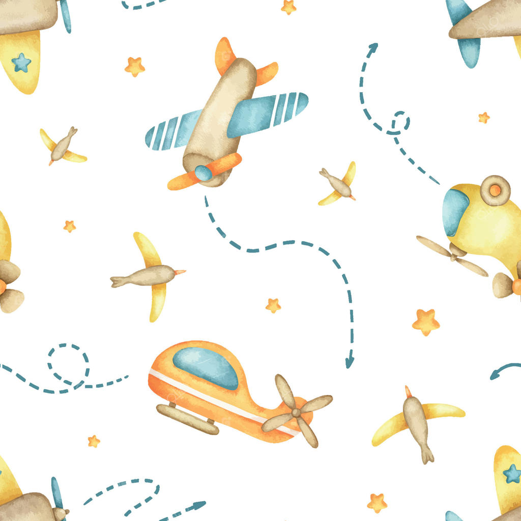 هواپیماها و هلیکوپترهای رنگارنگ، پرندگان، فلش‌ها و ستاره‌ها. الگوی یکپارچه آبرنگی از وسایل نقلیه هوایی برای طراحی محصولات کودک، پارچه، جشن تولد کودک، کاغذ دیواری، ملحفه کودک