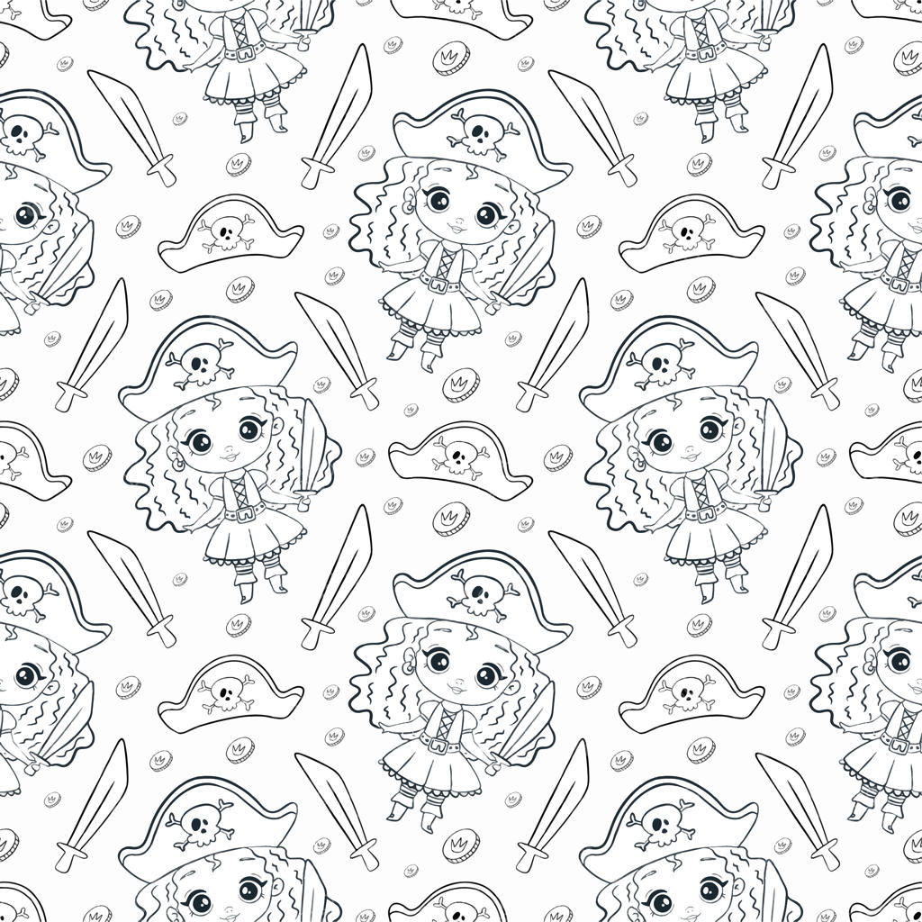 الگوی یکپارچه دختران دزد دریایی کارتونی و بامزه. صفحه رنگ‌آمیزی دزدان دریایی