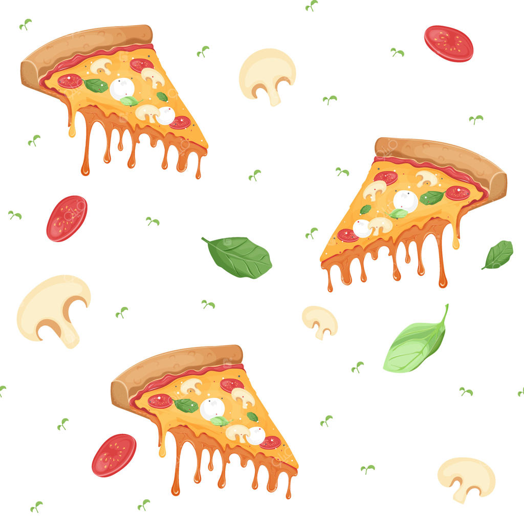 پترن پیتزا همراه با گوجه‌فرنگی، ریحان و میکروگرین‌ها روی پس‌زمینه شفاف