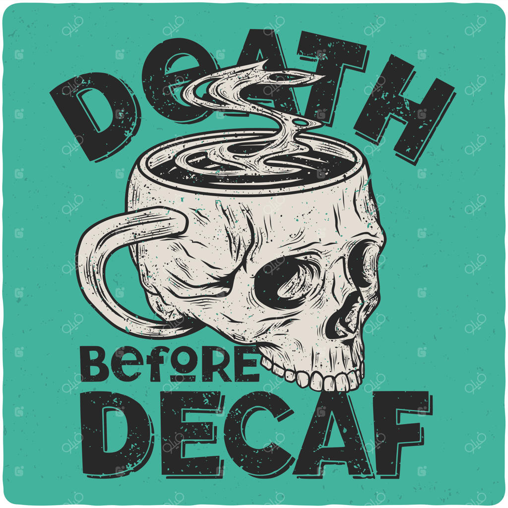 طراحی تی‌شرت یا پوستر با تصویر جمجمه‌ای که به شکل فنجان قهوه‌ کشیده شده است