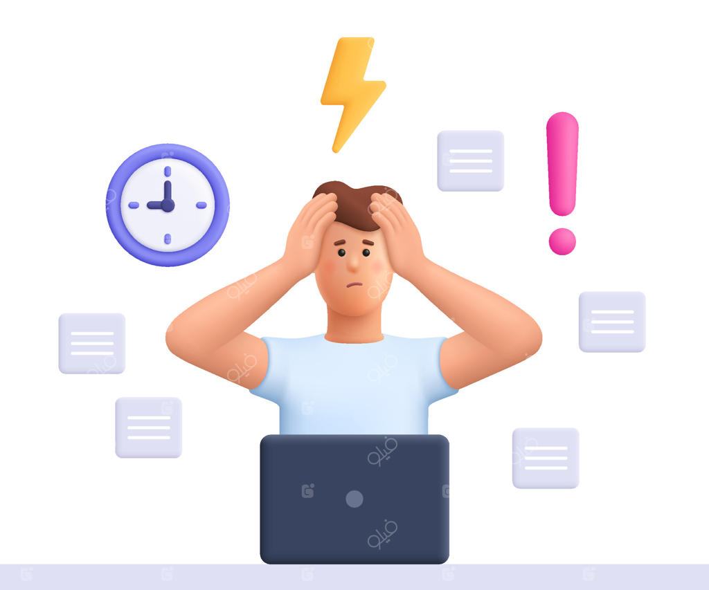 مردی پر استرس و مشغول کار با کامپیوتر، در حالی که سرش را در دستانش گرفته و نتوانسته به ضرب‌الاجل برسد. فشار ضرب‌الاجل، شغلی پراسترس. شخصیت کارتونی سه‌بعدی در سبک مینیمال.