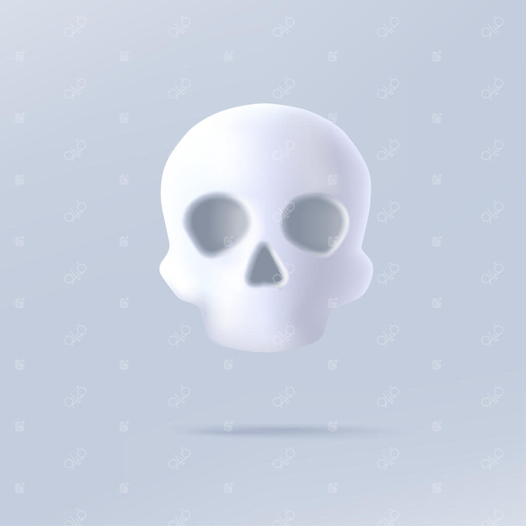 آیکون سه‌بعدی جمجمه سفید به سبک کارتونی با سایه و چشمان و بینی، نماد دیجیتال