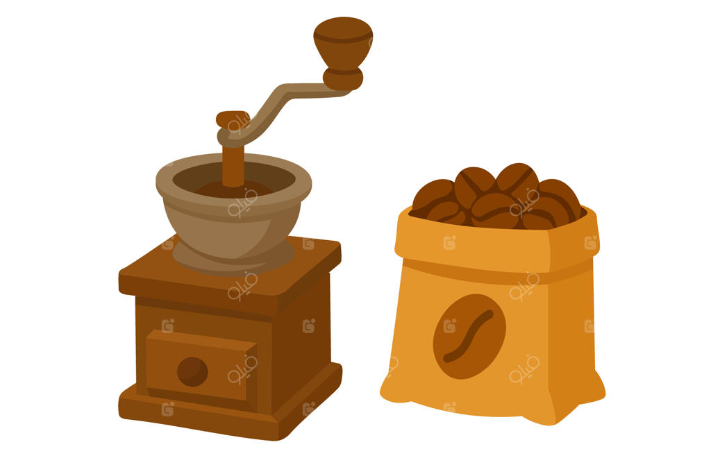 کلیپ‌آرت با چرخ قهوه‌کنی قدیمی و کیسه‌ای از دانه‌های قهوه در سبک کارتونی گرم و ساده.