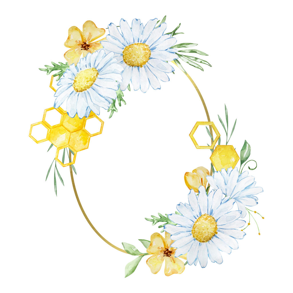 قاب بیضی طلایی با بابونه آبرنگی و لانه زنبور عسل