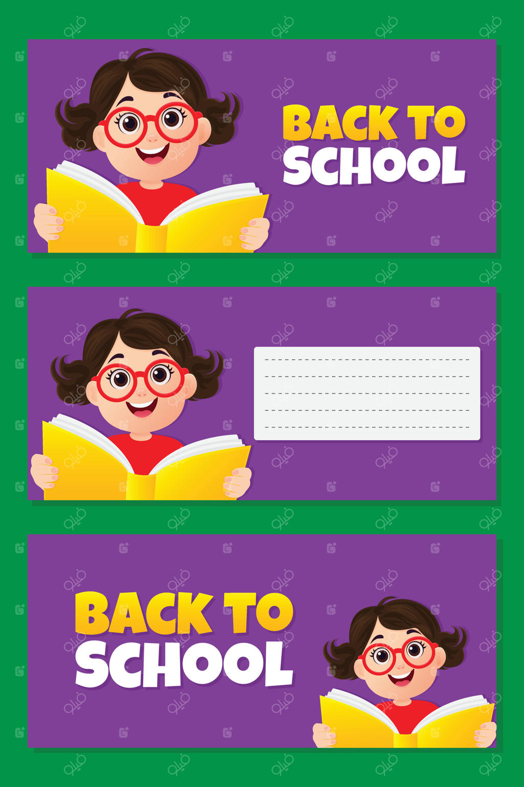 مجموعه بنر بازگشت به مدرسه با تصویر کودک ناز در حال نگه‌داشتن کتاب.