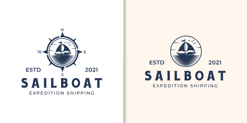 طراحی لوگوی ساده قایق بادبانی با سیلوئت و ناوبر قطب‌نما برای کسب‌وکارهای حمل‌ونقل و ماهیگیری
