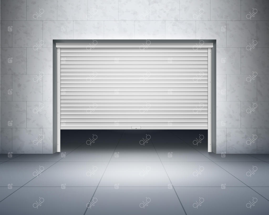 گاراژی با دیوارهای بتنی و کف‌پوش خاکستری و درب ورودی تاریک، کرکره‌ای یا چرخشی